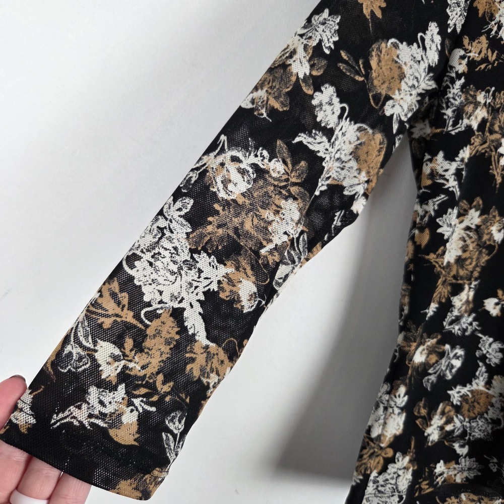 Vtg Rena Rowan Floral Mesh Top Black Brown White 3/4 Sleeve Top S Whimsigoth Y2K - Picture 2 of 8